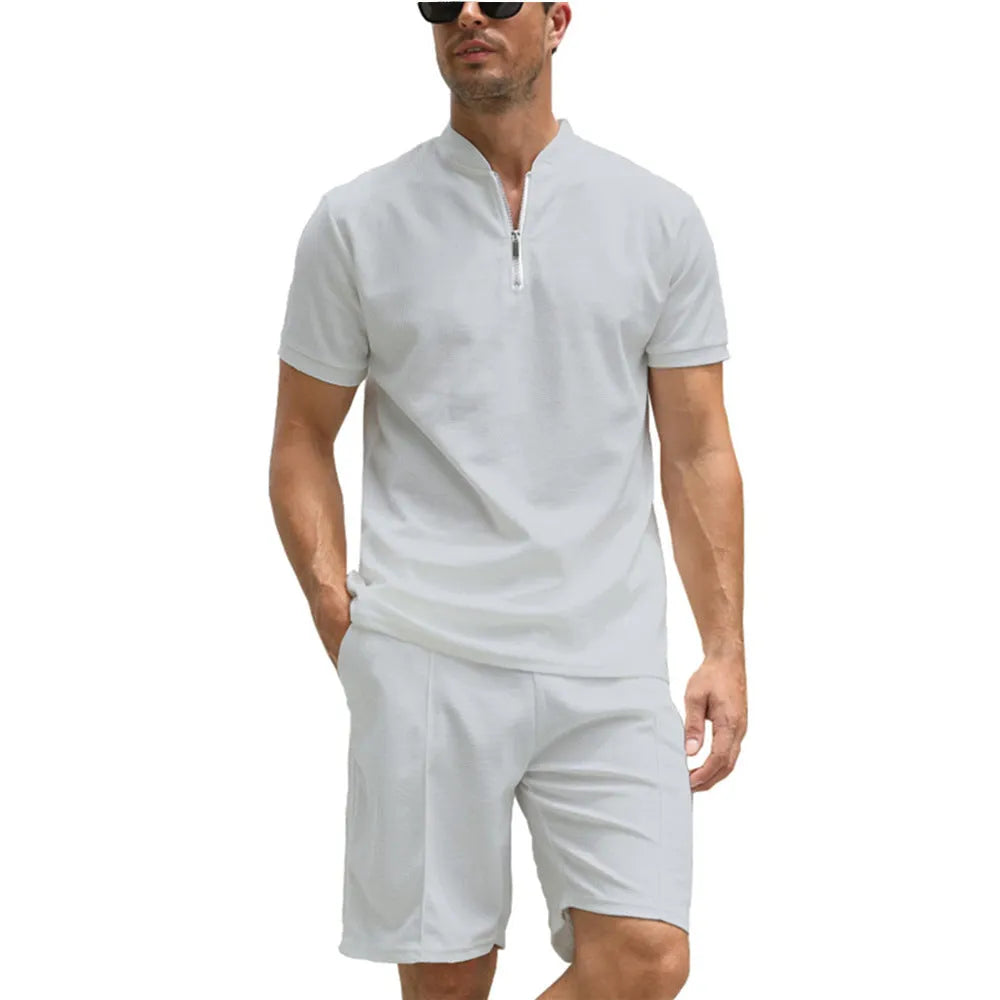 Men's solid colour polo shirt and trouser two-piece set in beaded bird's eye fabric
