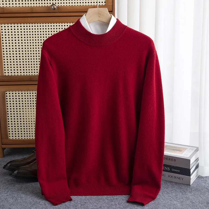 Men's half-collar wool sweater in a loose fit, shown in a choice of colours including black, brown, camel, and grey.