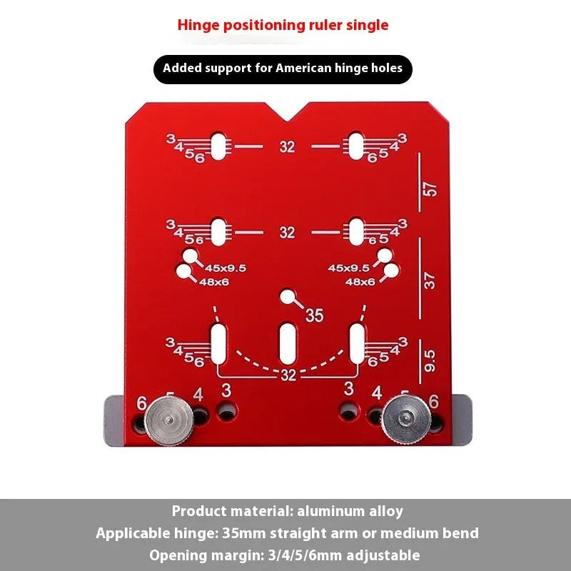 Red aluminium hinge locating tool with adjustable margin settings for 35mm cabinet door hinges