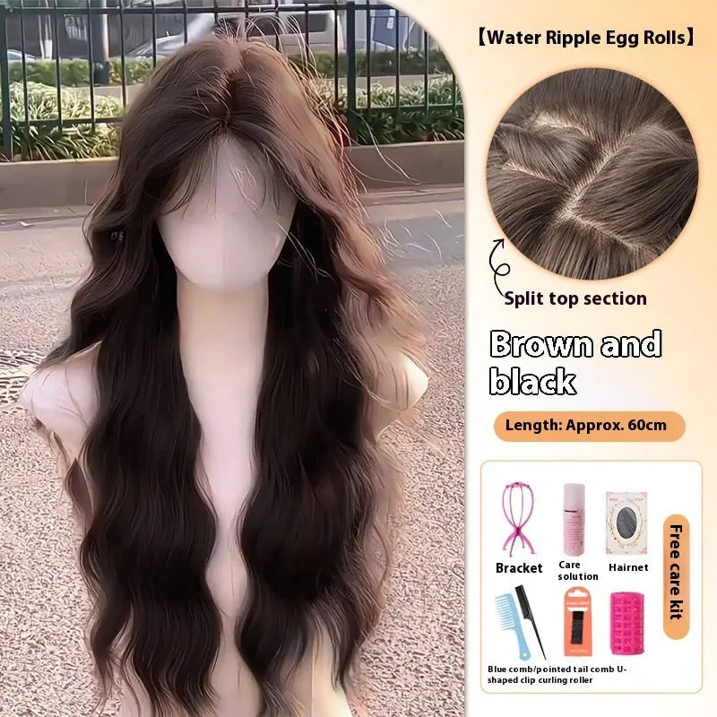 Full-head wig with long curly hair and side bangs in high temperature fibre material