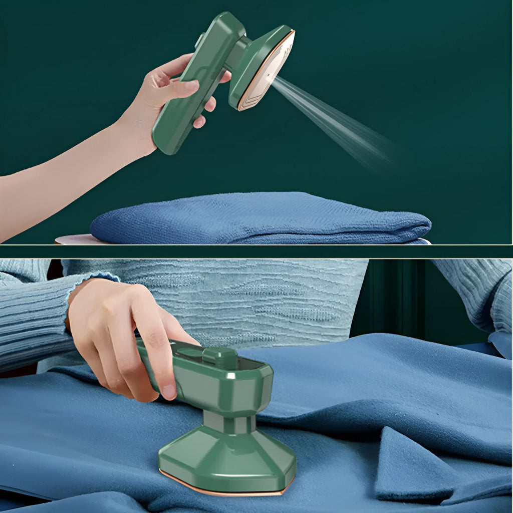 Dark green portable hanging steam iron with ceramic panel and power cord.