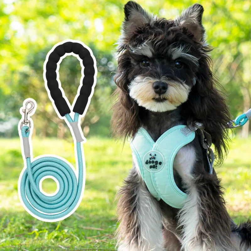 A pink dog vest harness connected to a matching hand-holding lead on a white background.