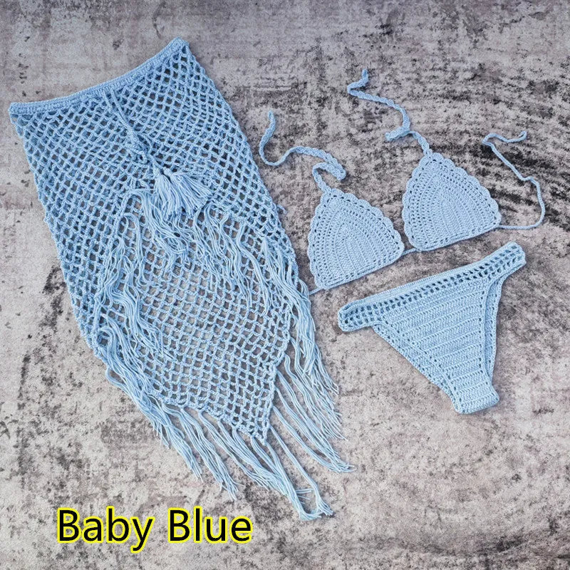 Women's 3-piece crochet bikini swimsuit set in a choice of colours on a mannequin.