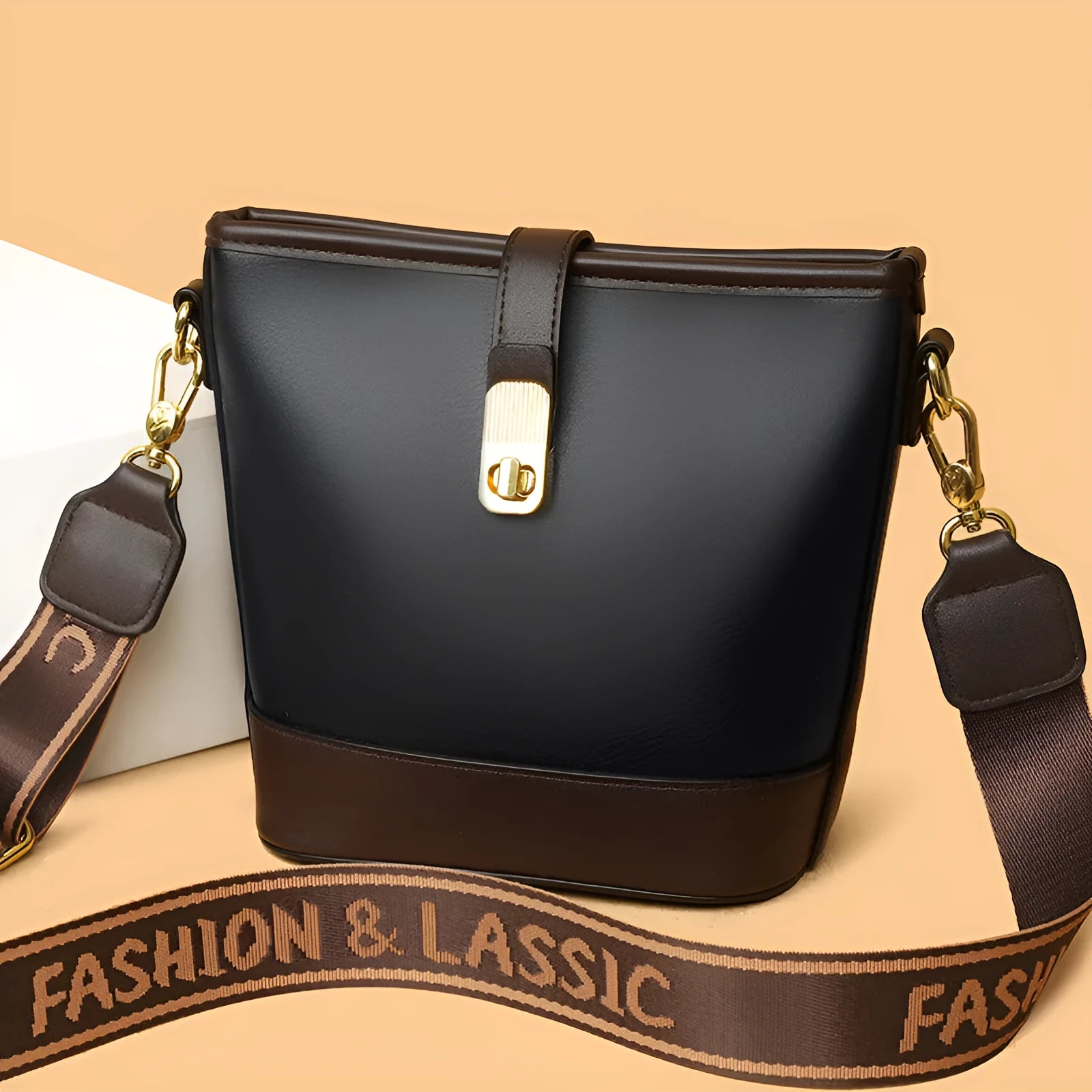 Korean style black bucket messenger bag with adjustable straps and multiple internal compartments