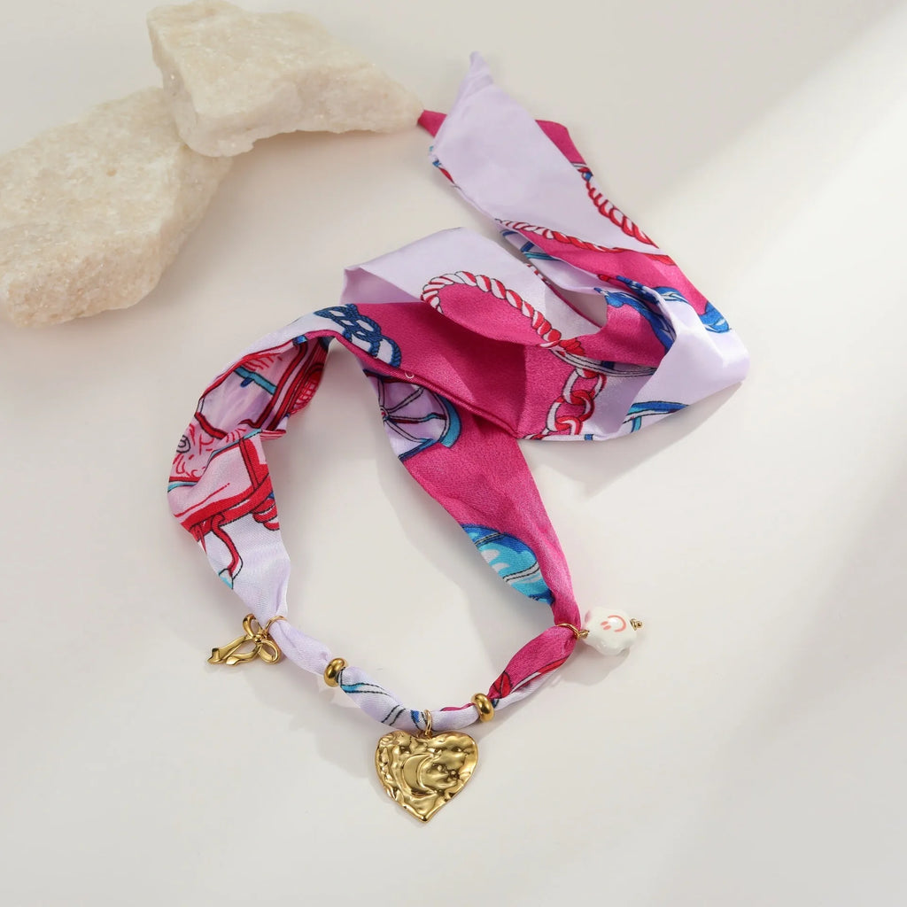 Geometric pendant necklace and bracelet set with colourful silk scarf pattern, stainless steel with 18K gold plating