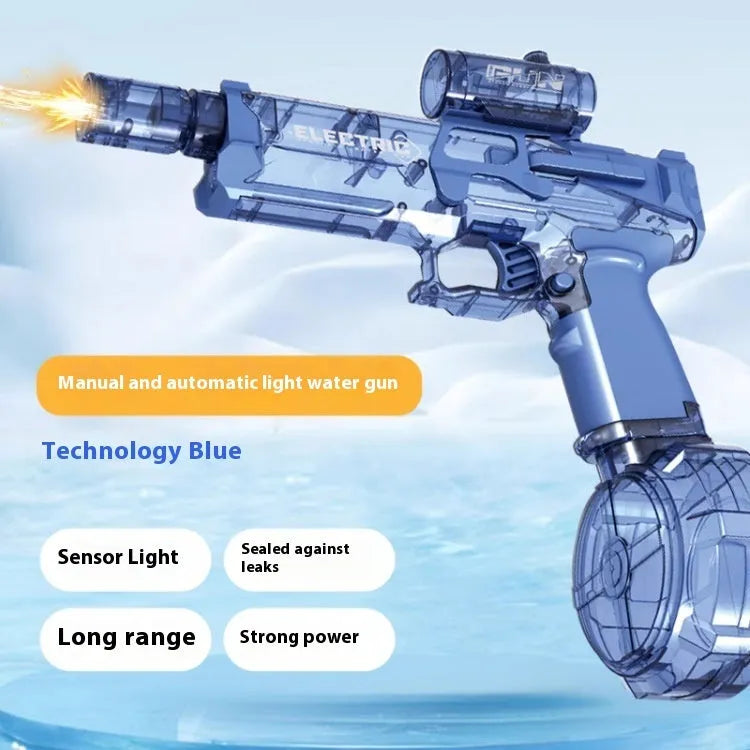 Electric water pistol toy with blue LED lights and automatic water spray function