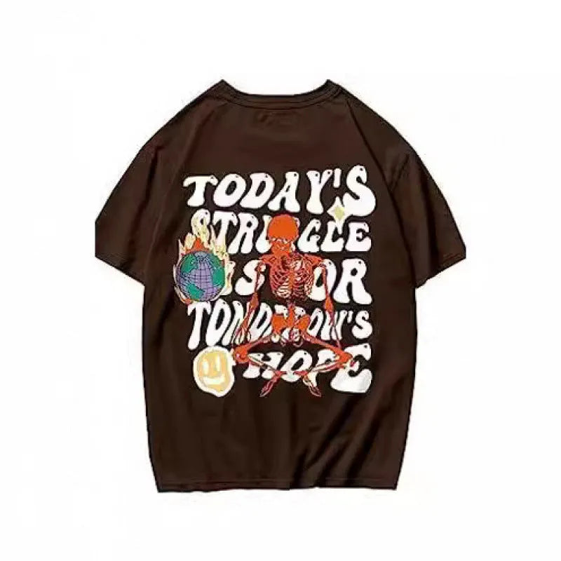 Men's short-sleeved printed street t-shirt on a hanger, showing digital print pattern on polyester fabric.