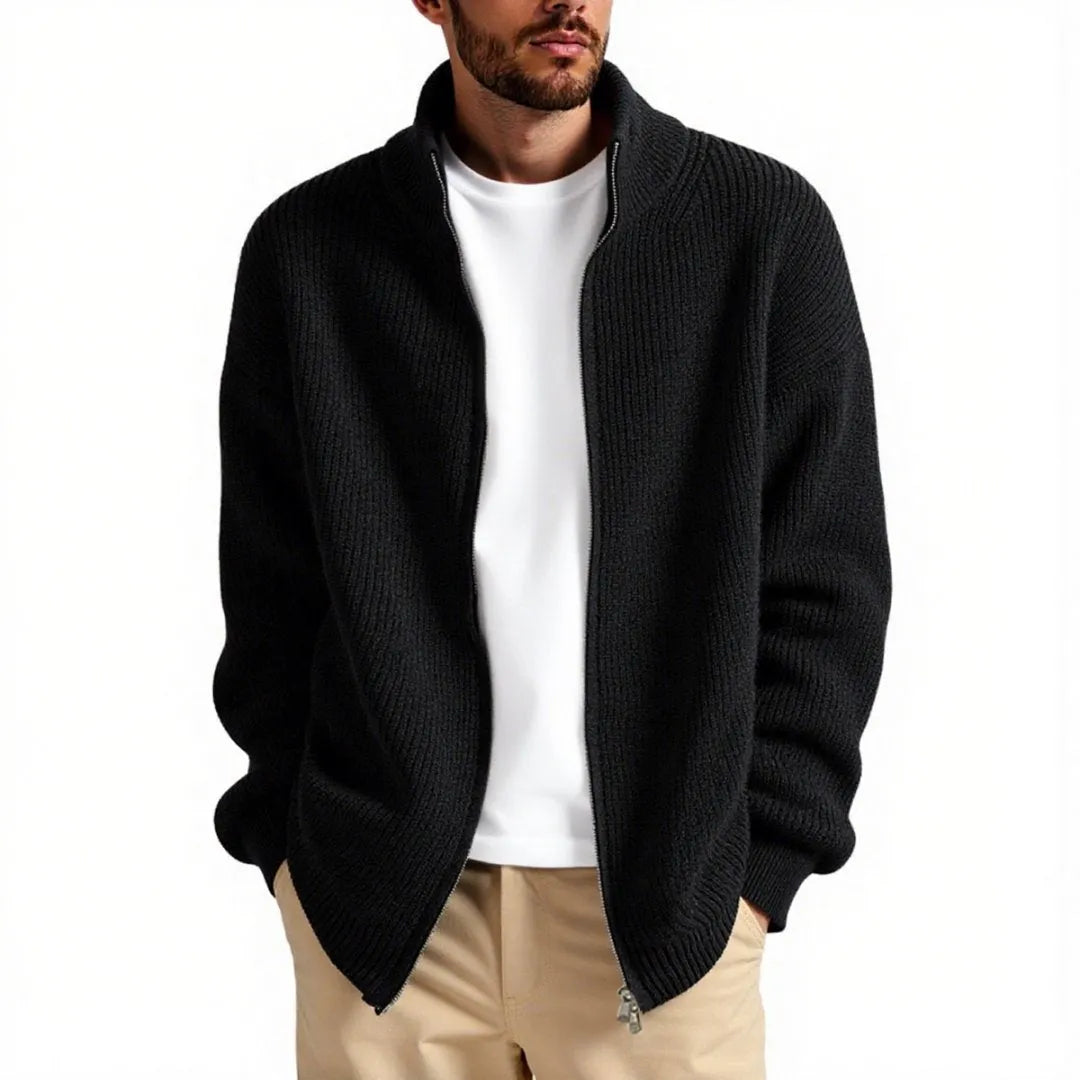 Loose-fit grey men's cardigan sweater on a hanger, front view.