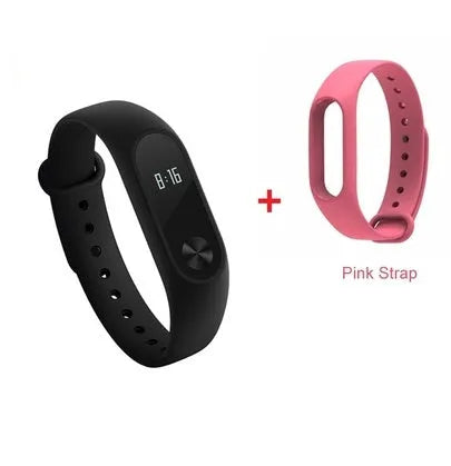 Xiaomi Mi Band 2 black fitness tracker on wrist showing OLED display