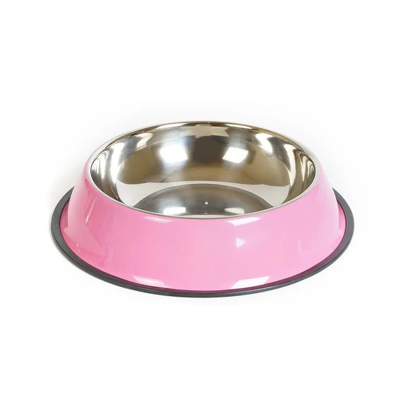Stainless steel pet bowl with colourful melamine outer pot and non-slip rubber base
