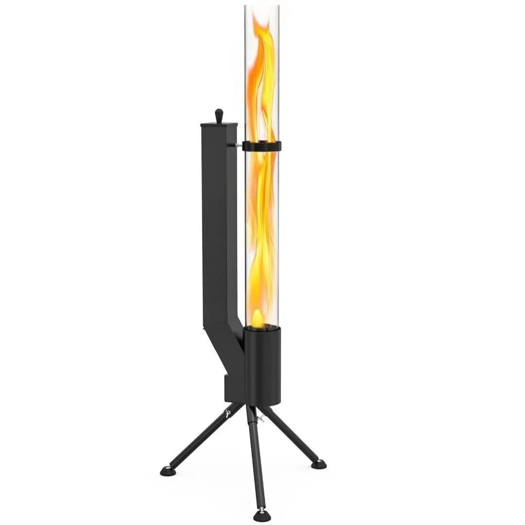 Vertical cast iron rocket furnace wood burning stove for courtyard heating.