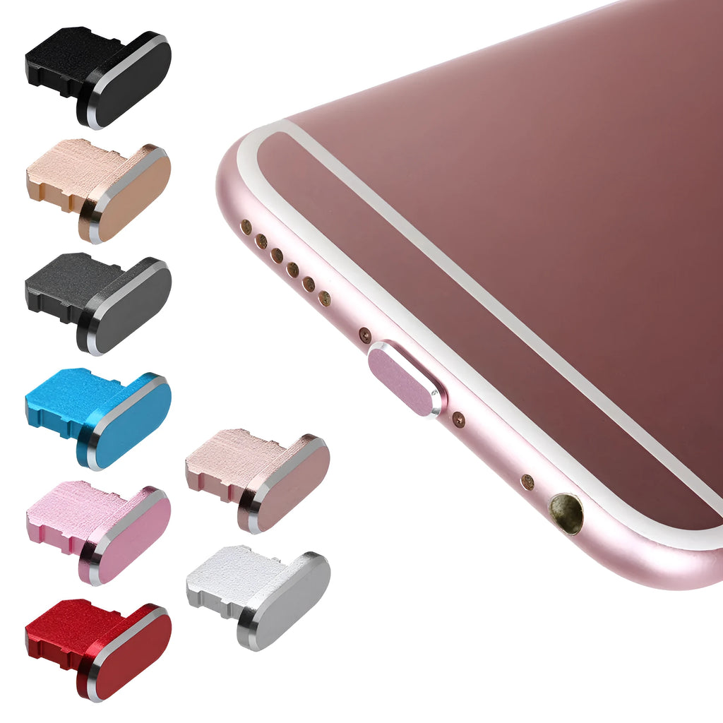 Aluminium alloy charging port dust plug for iPhone in various colours including gold, silver, and rose gold.