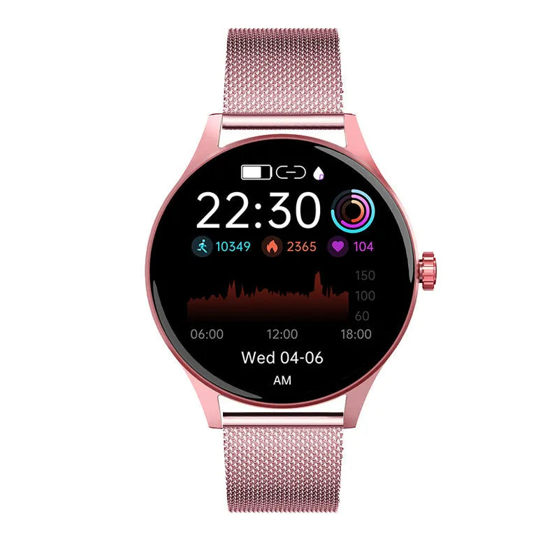 Smart watch with circular AMOLED screen showing health stats, on a black silicone wristband.