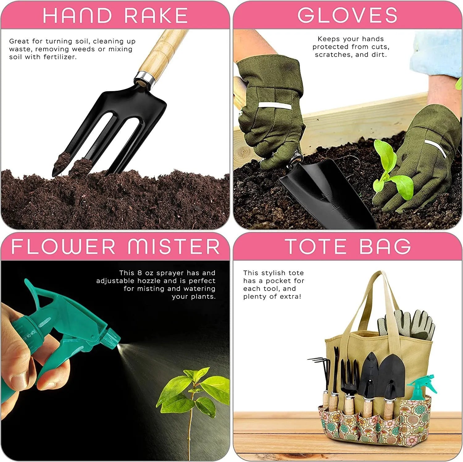 CG2001 model stainless steel gardening tool set with eight pieces and ergonomic handles