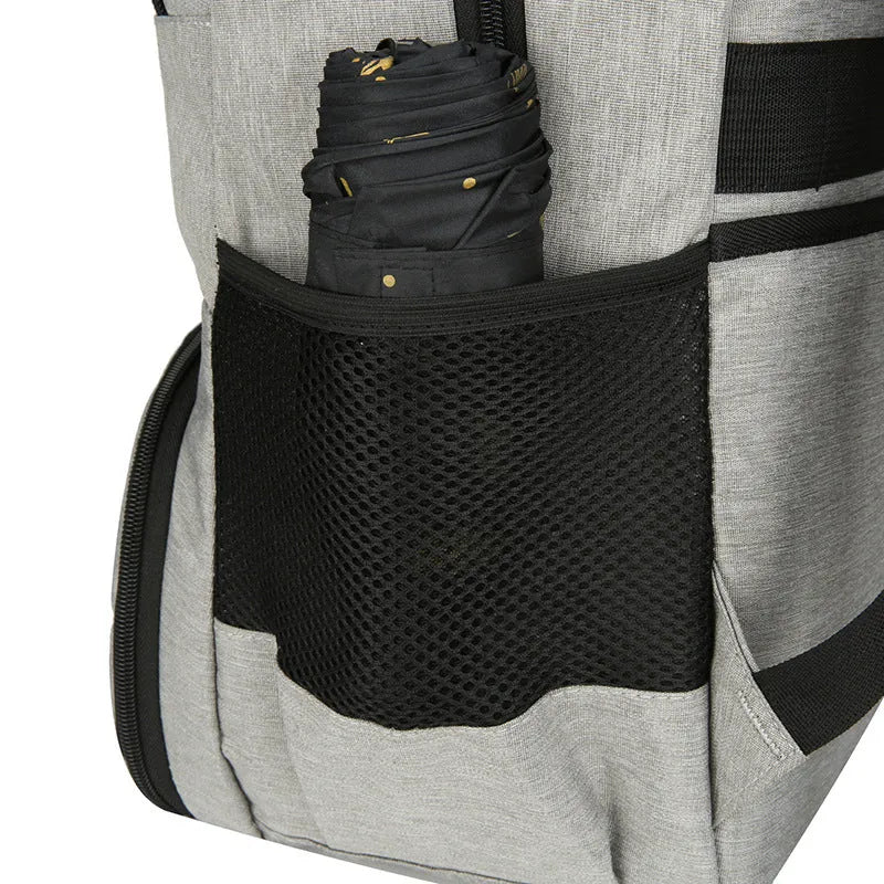 Light grey Oxford cloth insulated picnic backpack with curved shoulder straps and multiple compartments.