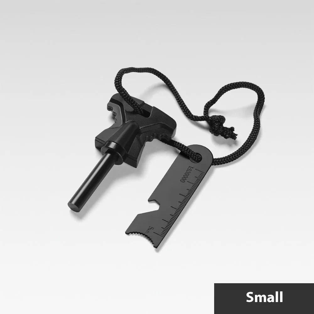 Butterfly-shaped stainless steel firestone survival tool with integrated bottle opener measuring 117x43mm
