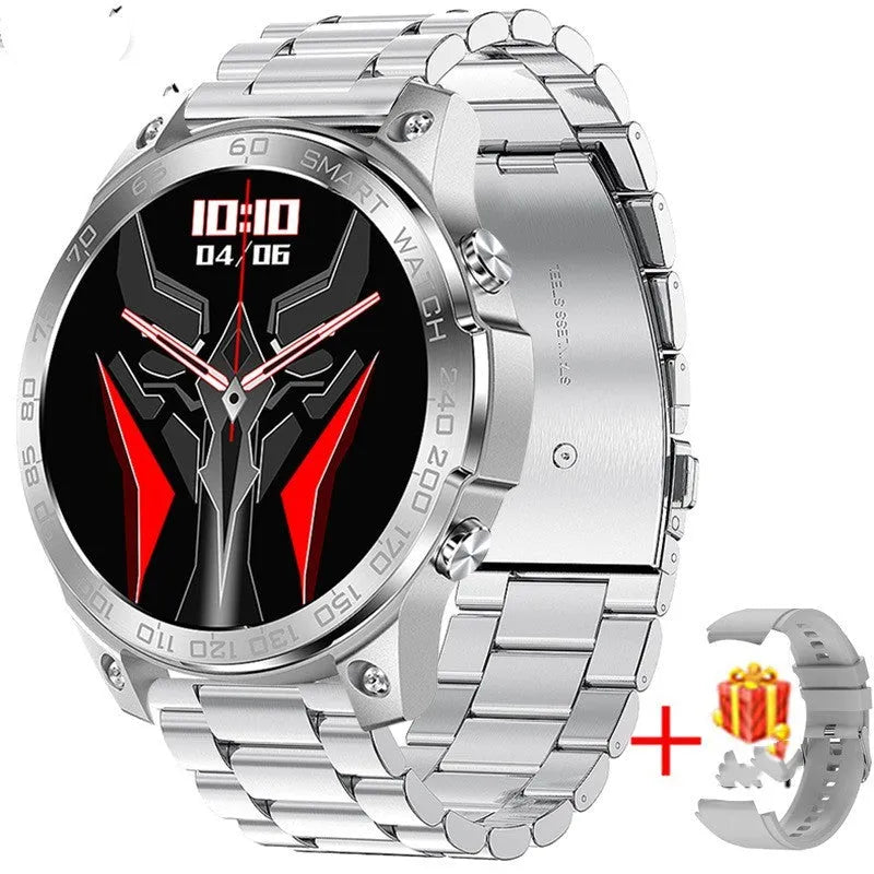 Black smart sports watch with round AMOLED display showing fitness stats, on a silicone strap.