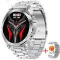 Black smart sports watch with round AMOLED display showing fitness stats, on a silicone strap.