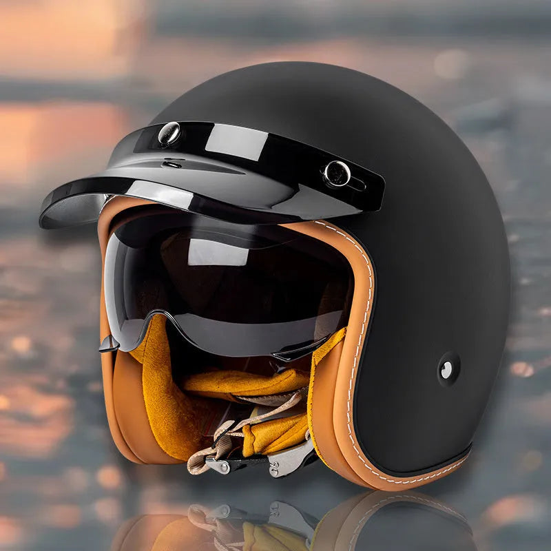 Retro style half helmet for motorcycle riding shown in multiple colour options on a grey background