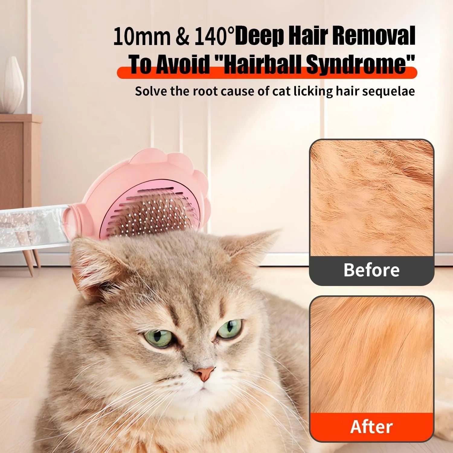 Grey spray cat grooming brush with self-cleaning button and curved stainless steel bristles on a white background.