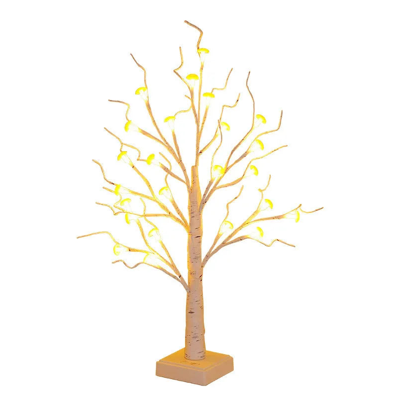 60cm tall mushroom tree lamp with warm LED lights and 24 detachable plastic flowers on birch-style trunk