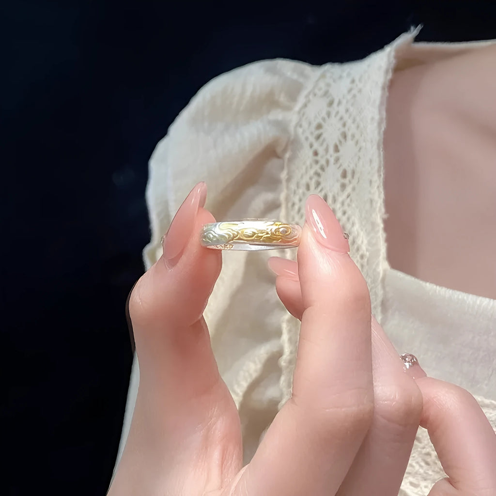 White copper adjustable ring with geometric Xiangyun pattern in silver gold electroplated finish