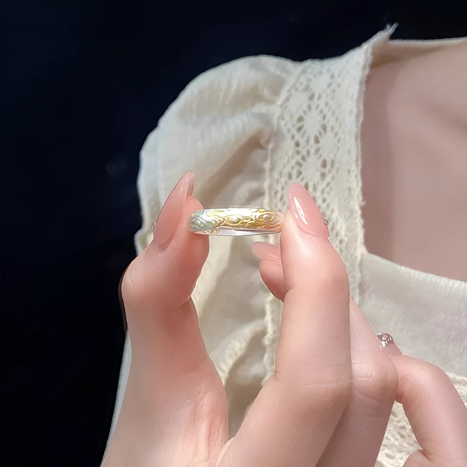 White copper adjustable ring with geometric Xiangyun pattern in silver gold electroplated finish
