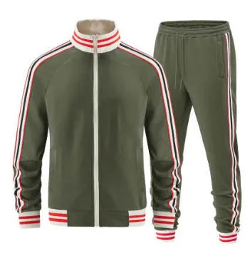 Khaki coloured polyester turtleneck zip cardigan and matching trousers suit laid flat.