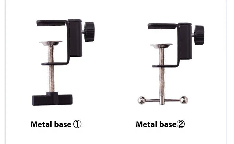 Black metal desktop cantilever bracket holding tablet with adjustable arms and folding mechanism