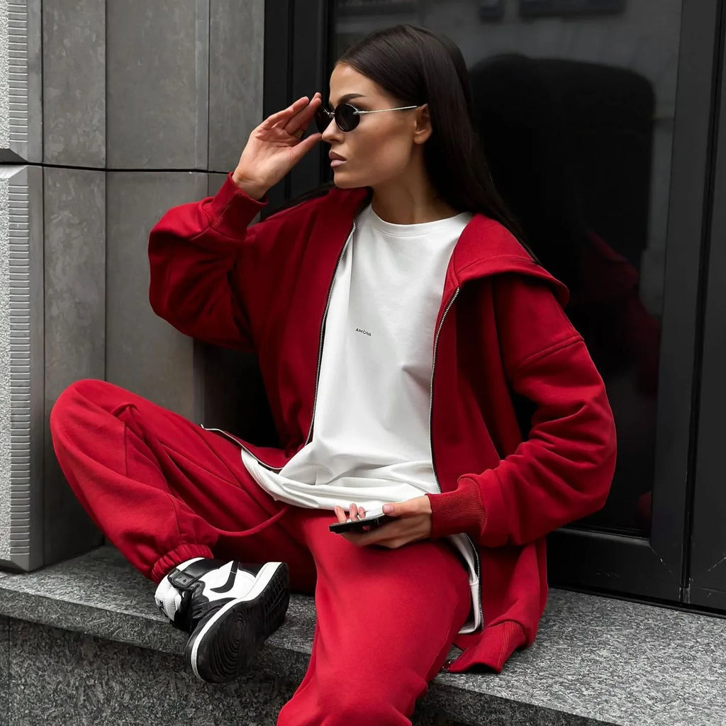 Street style two-piece set featuring long-sleeved coat and matching trousers in loose fit