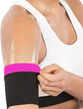 Sports arm sweatband shown in blue, silver, black and yellow, and black and red colour options for S to 5XL sizes.