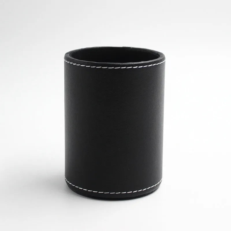Black leather round pen holder container with 8cm diameter and 10.8cm height