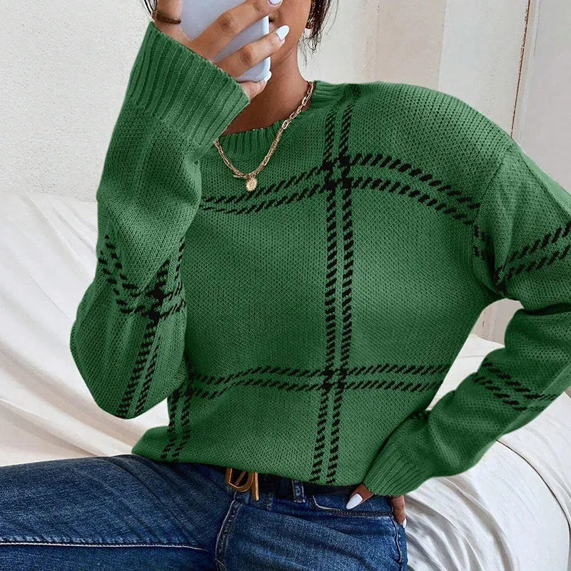 Women's casual plaid colour-block crew neck acrylic sweater with apricot, black, beige, red and green stripes