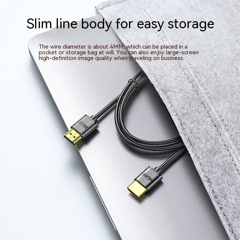 Gold-plated HDMI cable with thin, flexible black wire shown at various lengths.