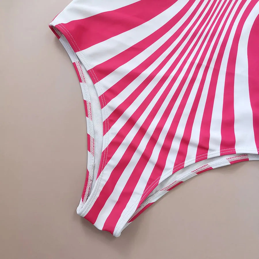 Pink and white striped one-piece swimsuit for women with digital printing on front and back.