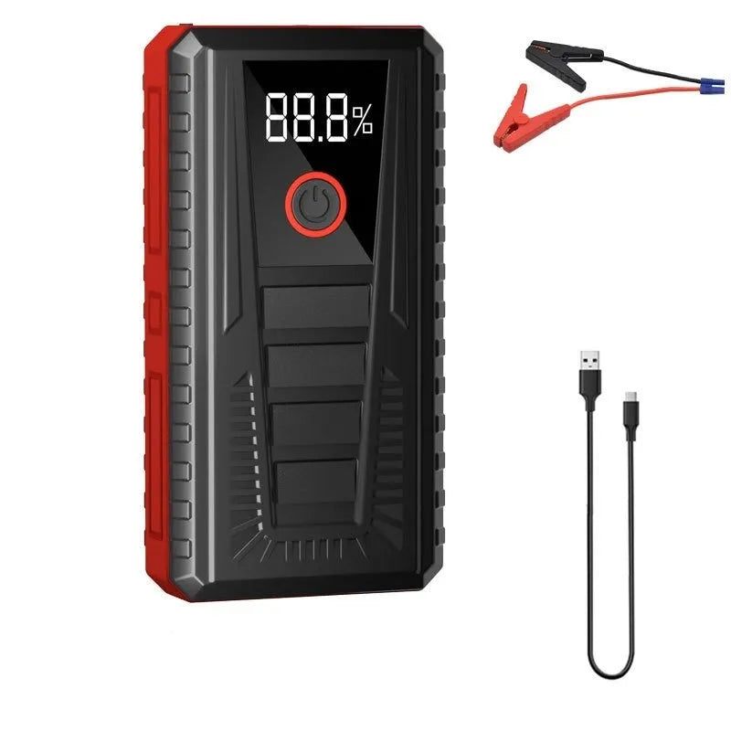 Car emergency jump starter 1500mAh 1000A with storage bag and clips on white background