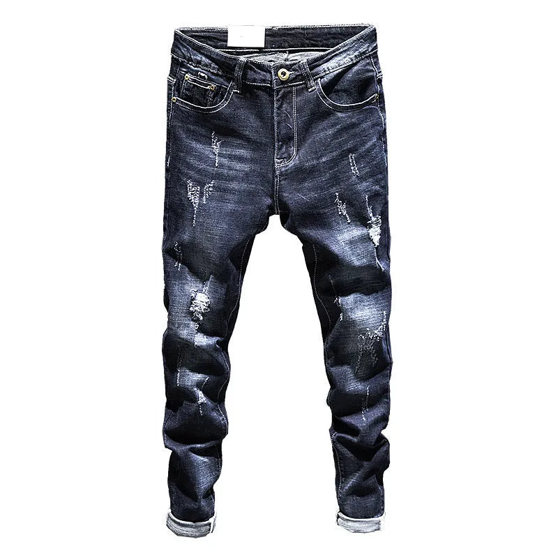 Men's slim-fitting skinny jeans in dark blue cotton denim with micro elasticity.