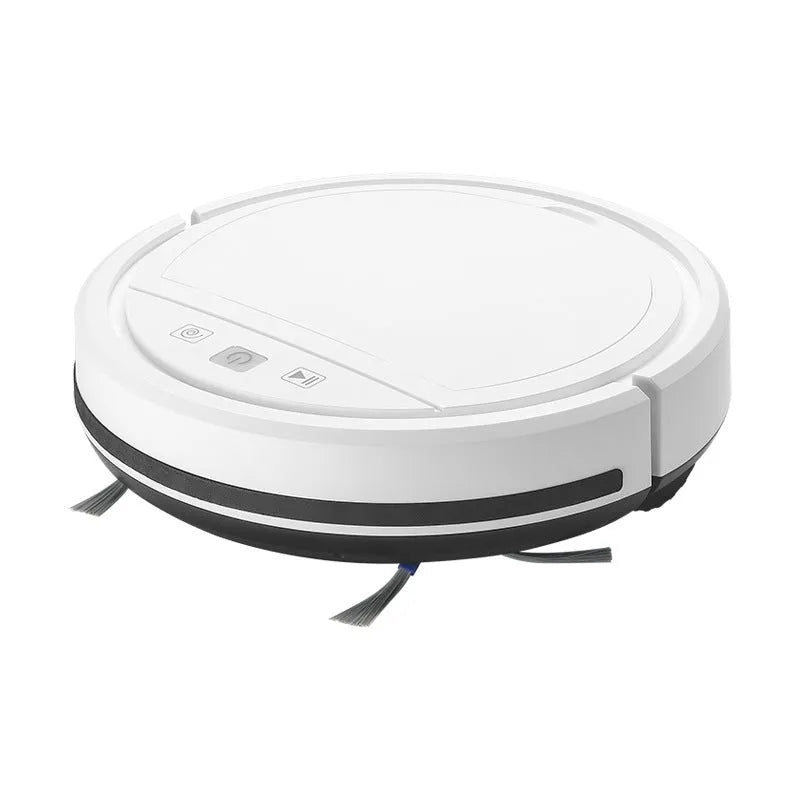Black automatic recharge vacuum cleaner with remote control on a hard floor, showing its charging base