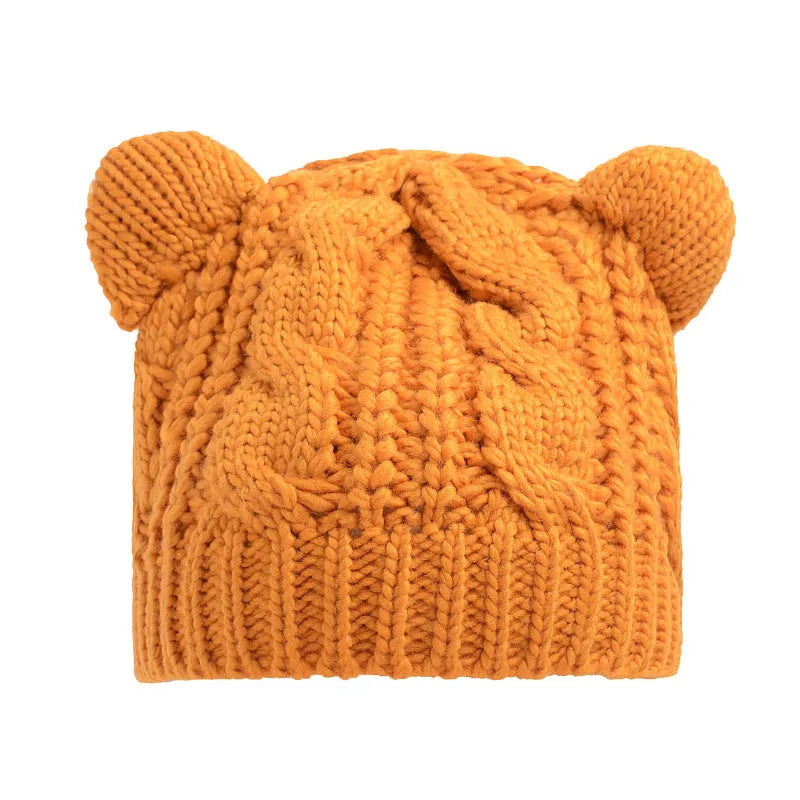 Hand-knitted wool beanie with 3D cat ears in multiple colour options