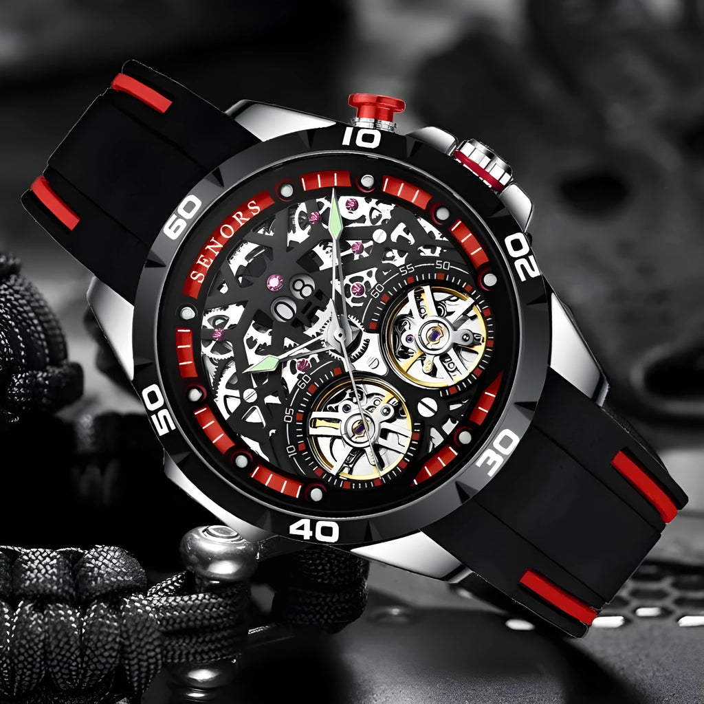 Automatic mechanical men's watch with hollow luminous dial in red or blue colour option