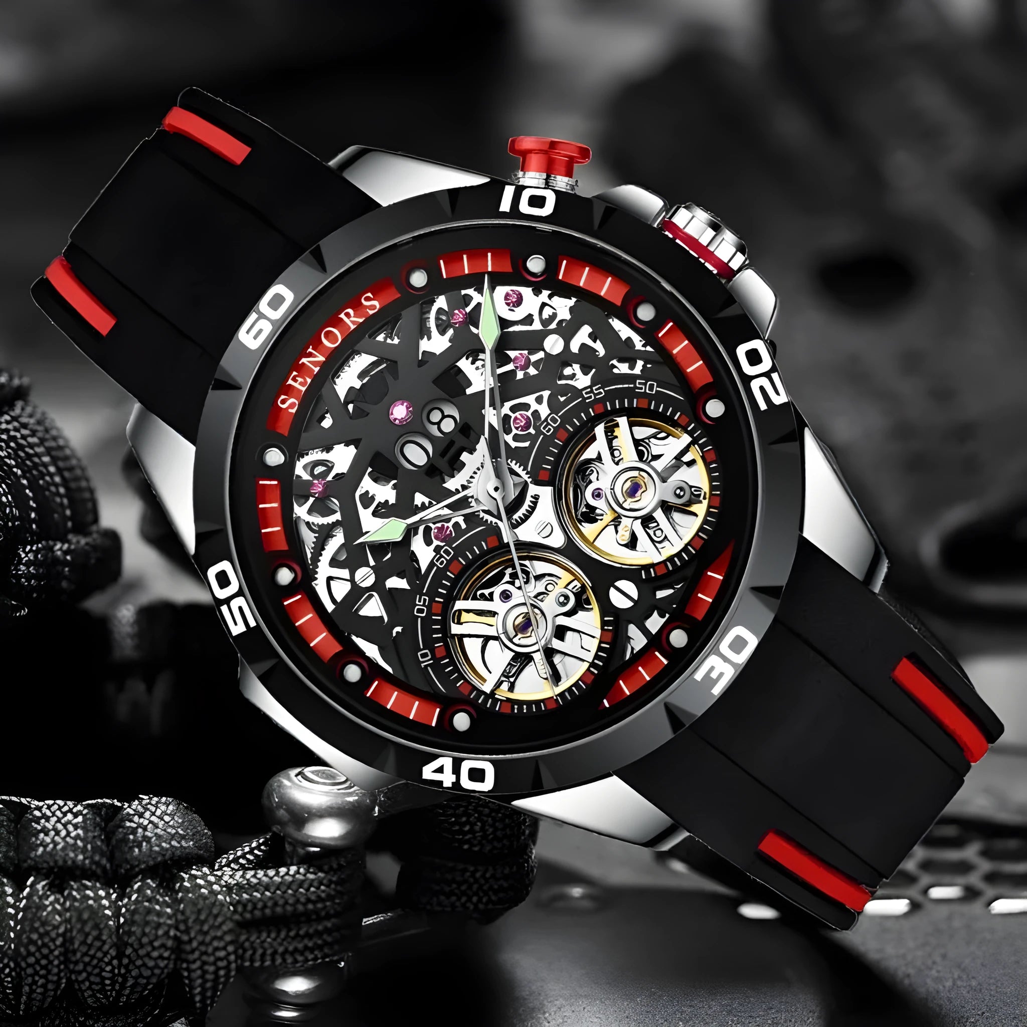 Automatic mechanical men's watch with hollow luminous dial in red or blue colour option