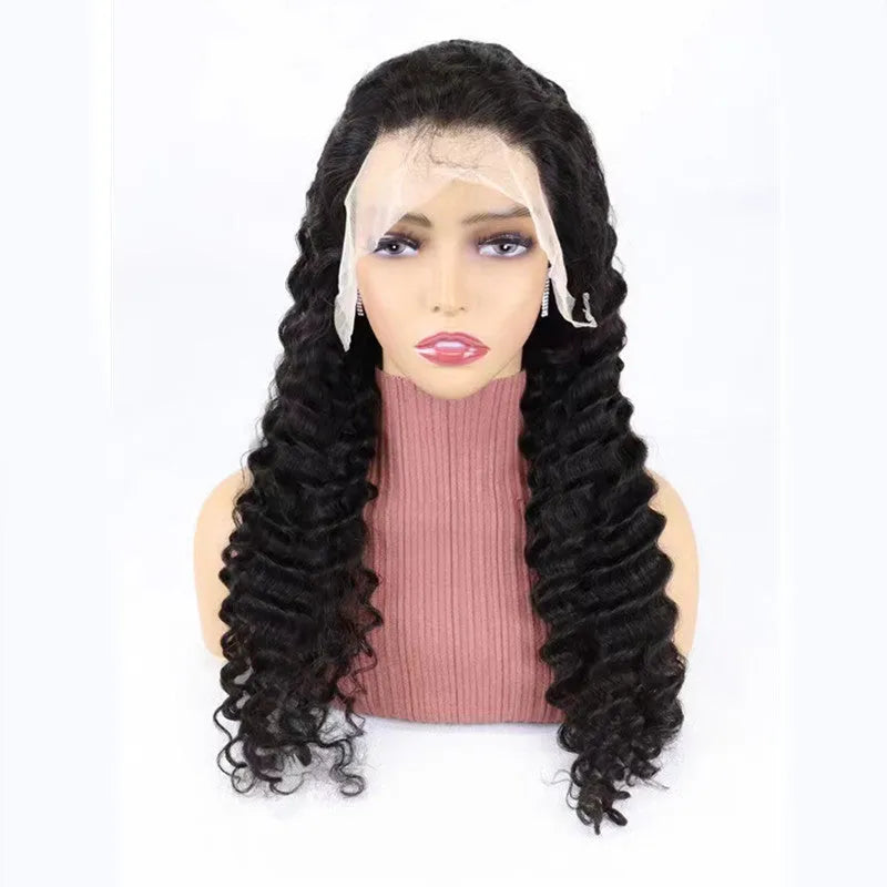 A solid colour human hair half lace wig displayed on a stand, showing its natural-looking hairline and long, straight style.