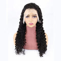 A solid colour human hair half lace wig displayed on a stand, showing its natural-looking hairline and long, straight style.