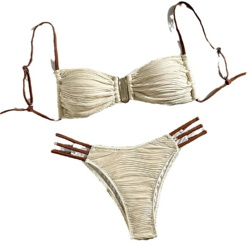 Women's polyester three-point bikini set in khaki with striped pattern, front view