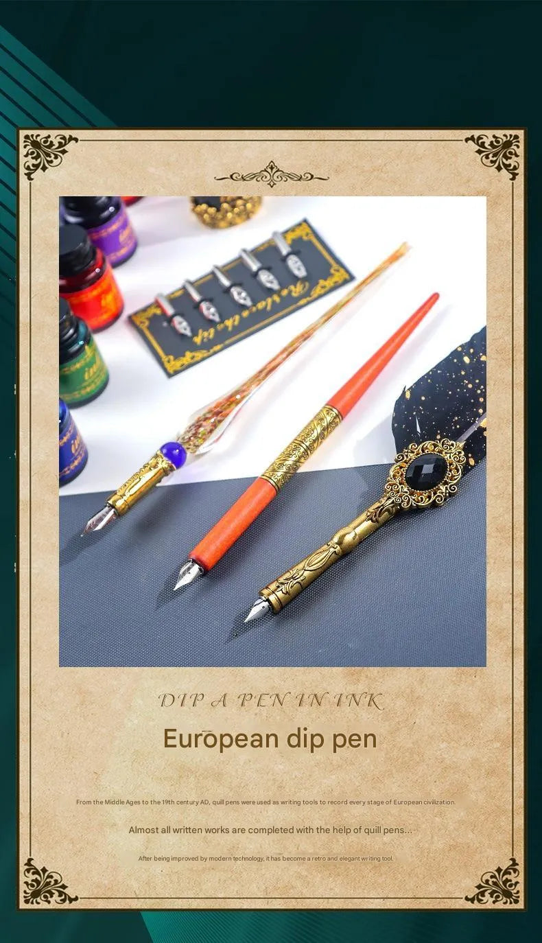 Gray mechanical feather fountain pen set with metal alloy body and decorative feather