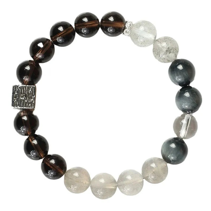 Khaki polished crystal couple bracelet with 10mm geometric beads in Chinese style