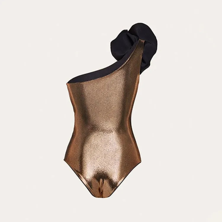 Gold handmade halter neck one-piece swimsuit with hollow-out design on mannequin