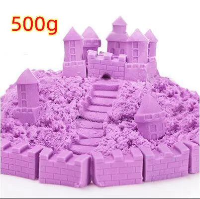 Kinetic space sand in multiple colours including blue, green, orange, pink, purple, red, rose, and sand colour in plastic bag packaging