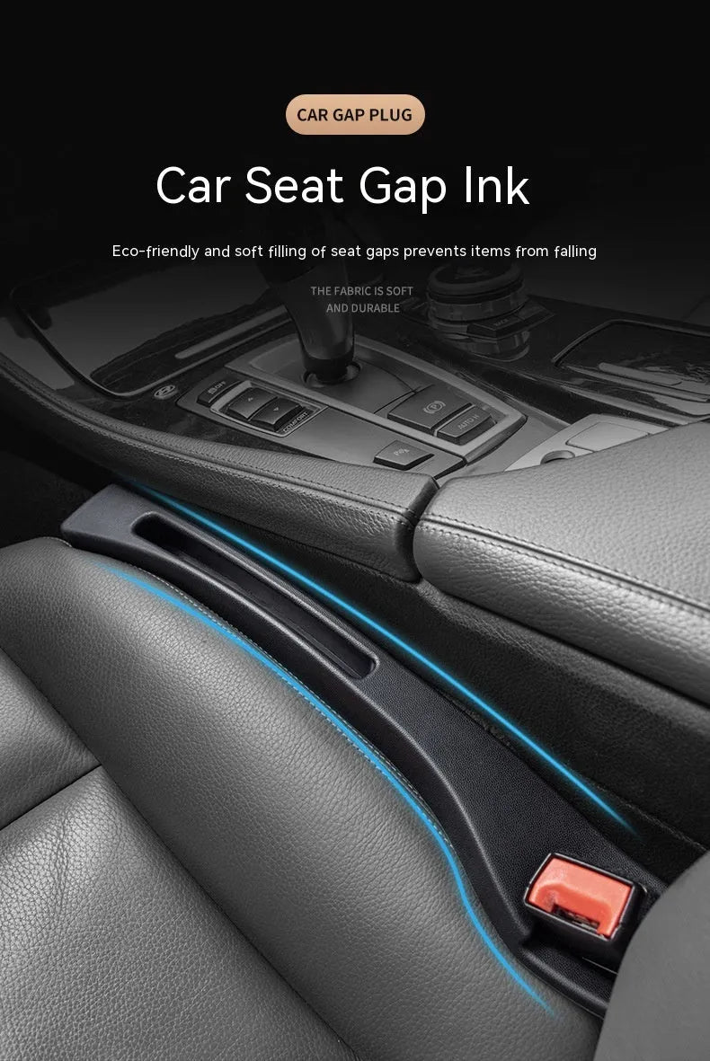Black plastic car seat gap storage box with handle installed between car seats