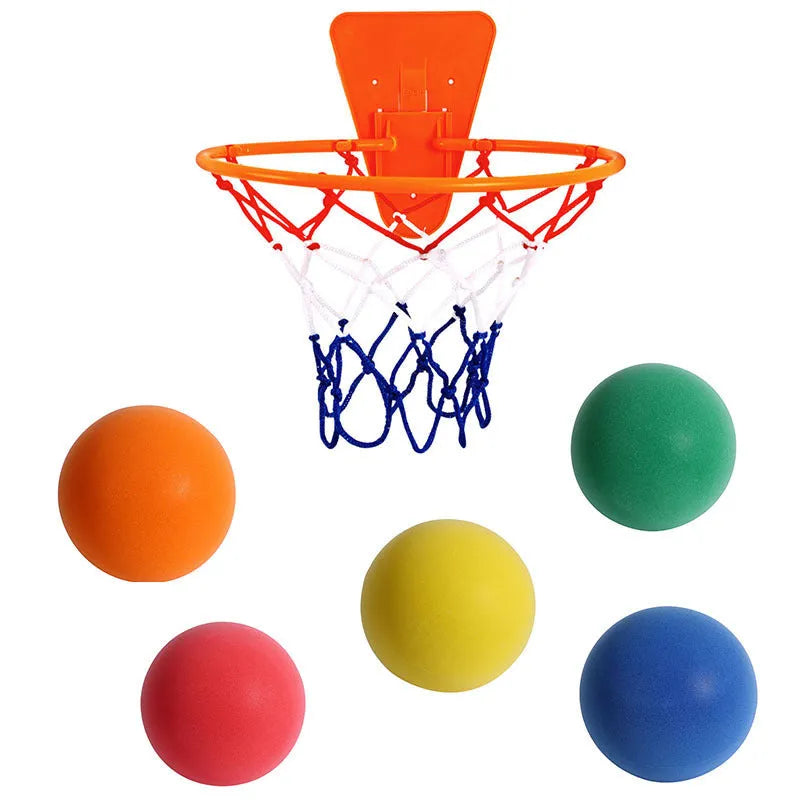 Silent high-density foam basketball in assorted bright colours showing bounce height and size comparison